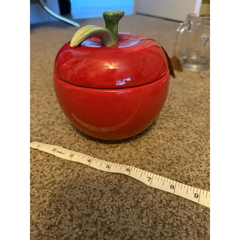 Ceramic Red Apple Jar with Lid Decorative Candle Pot Farmhouse Kitchen Decor